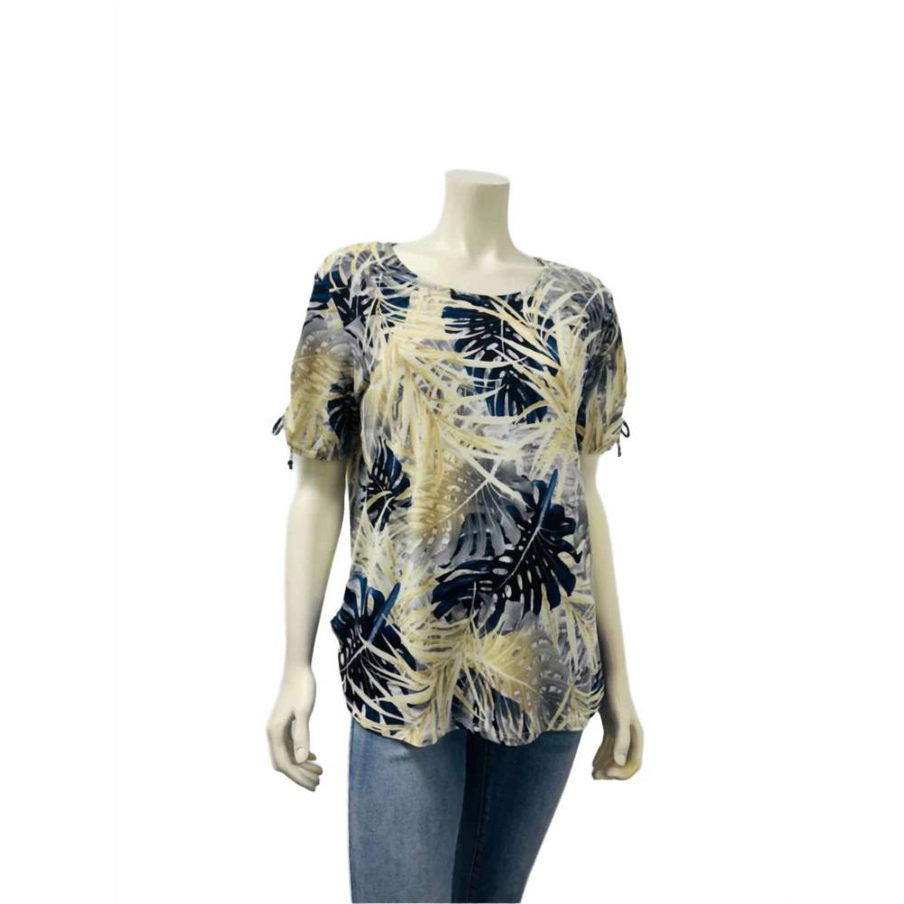 NEW SOFT WORKS women's floral top in beige and navy monstera leaf print